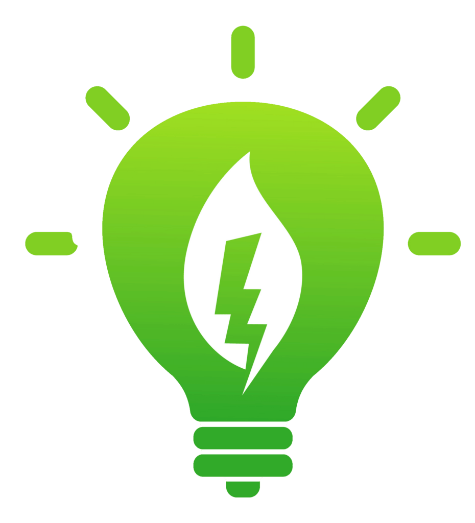 A green light bulb with a leaf