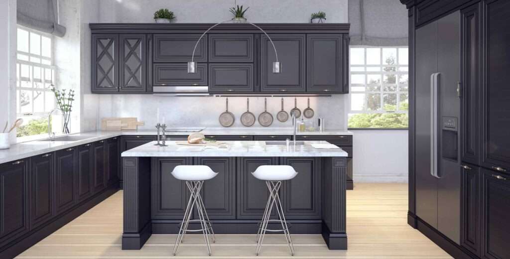 A black kitchen with an island