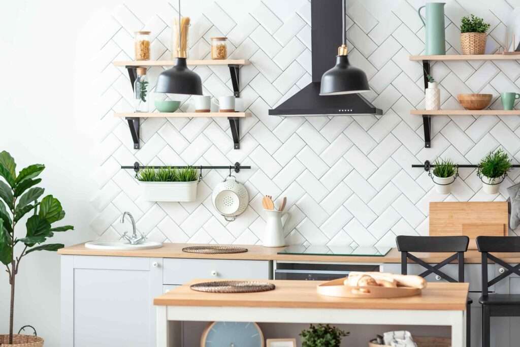 A white kitchen with open shelving