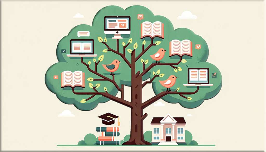 Illustration of a tree with branches symbolizing different research resources. One branch has books with blank covers, another has a computer with a generic webpage, another depicts a library building, and yet another has an academic cap. Birds on the tree represent different resources
