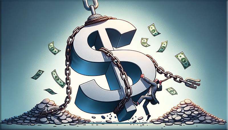 illustration of a dollar sign being weighed down by heavy chains, symbolizing financial burden