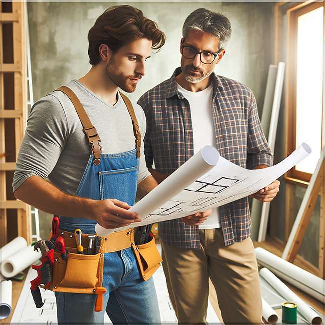Remodeling contractor showing plans to homeowner