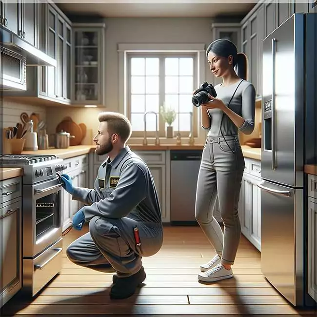 Two people verifying all appliances are working and documenting