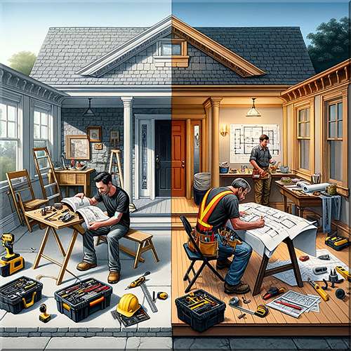 A man trying to restore his historical home himself on the left side and on the right contractor restoring the home