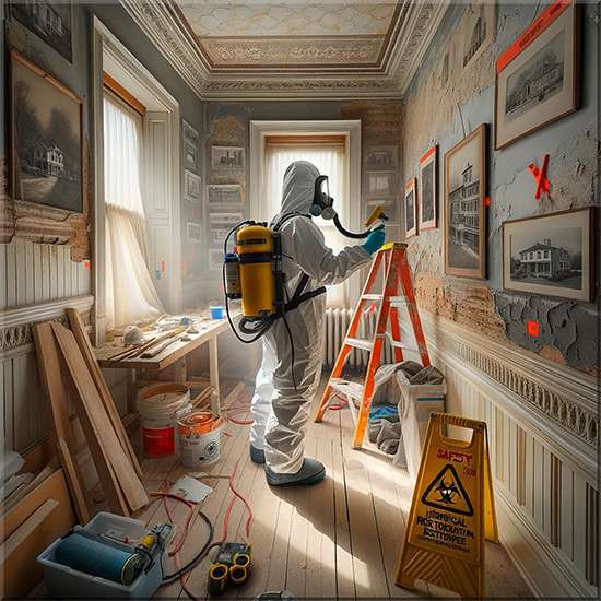 A person with safety gear on clean an historical home